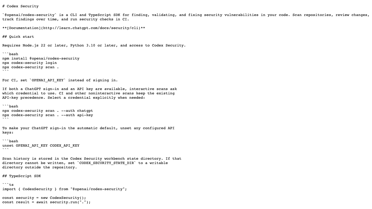 OpenAI Codex Security README 展示 CLI、CI 和 SDK 使用入口