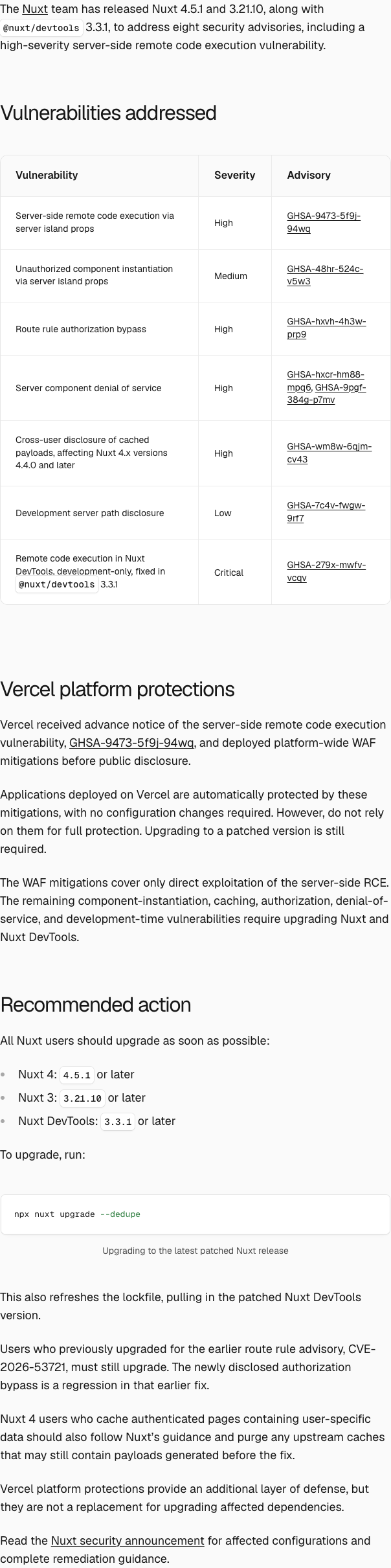 Vercel Nuxt 安全公告列出漏洞级别、WAF 缓解和升级版本
