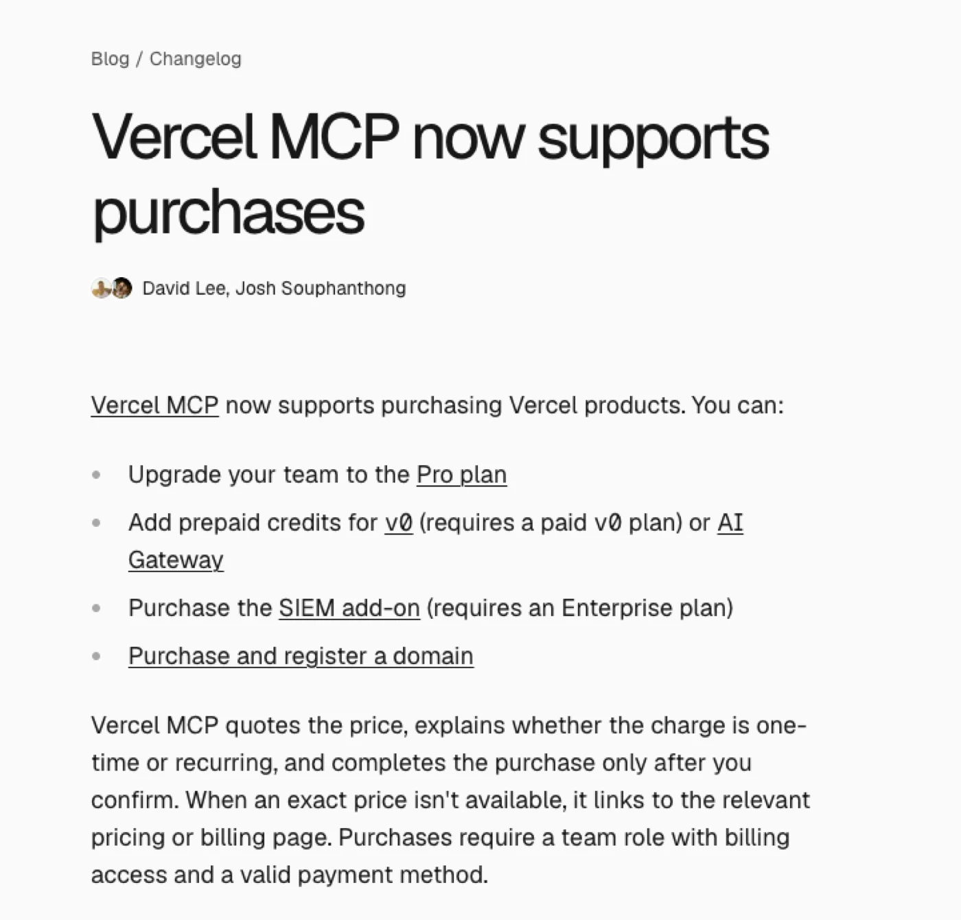 Vercel MCP 购买套餐、额度和域名的能力说明